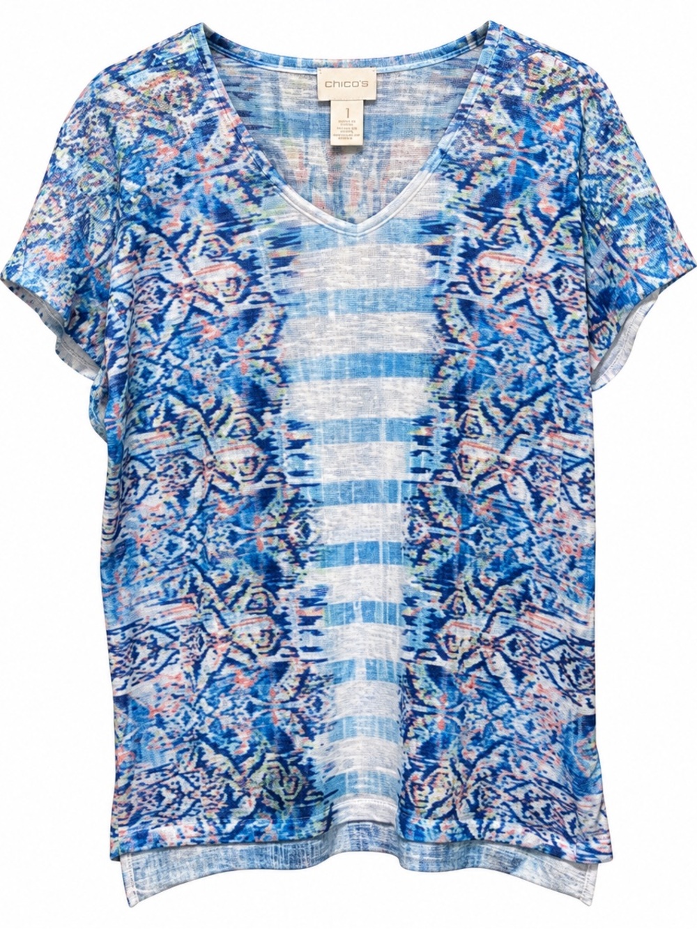 Chico's Size 1 (M) Blue Ikat Short Sleeve Top – 100% Polyester V-Neck